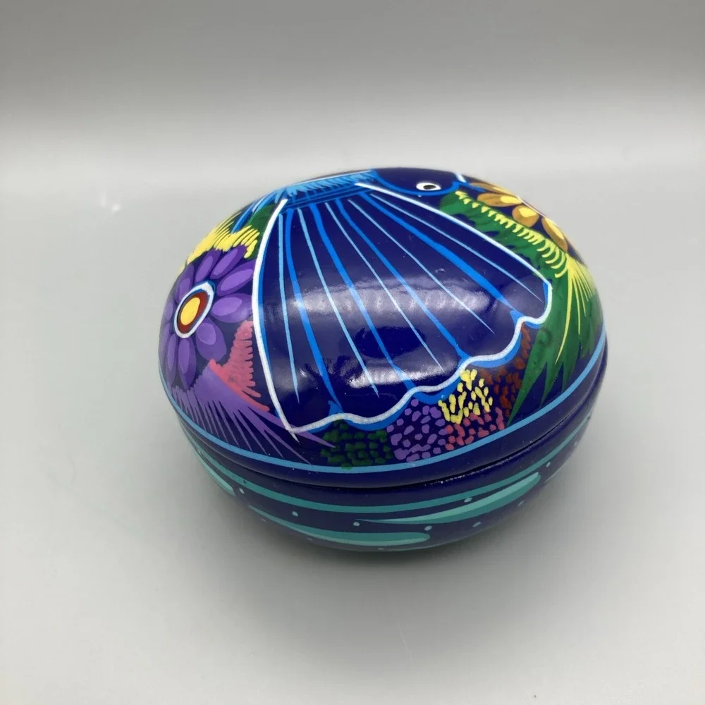Mexican Terracotta Hand-Painted Clay Art Pottery Bird Design Trinket Box 3"x2.5" - Picture 4 of 7